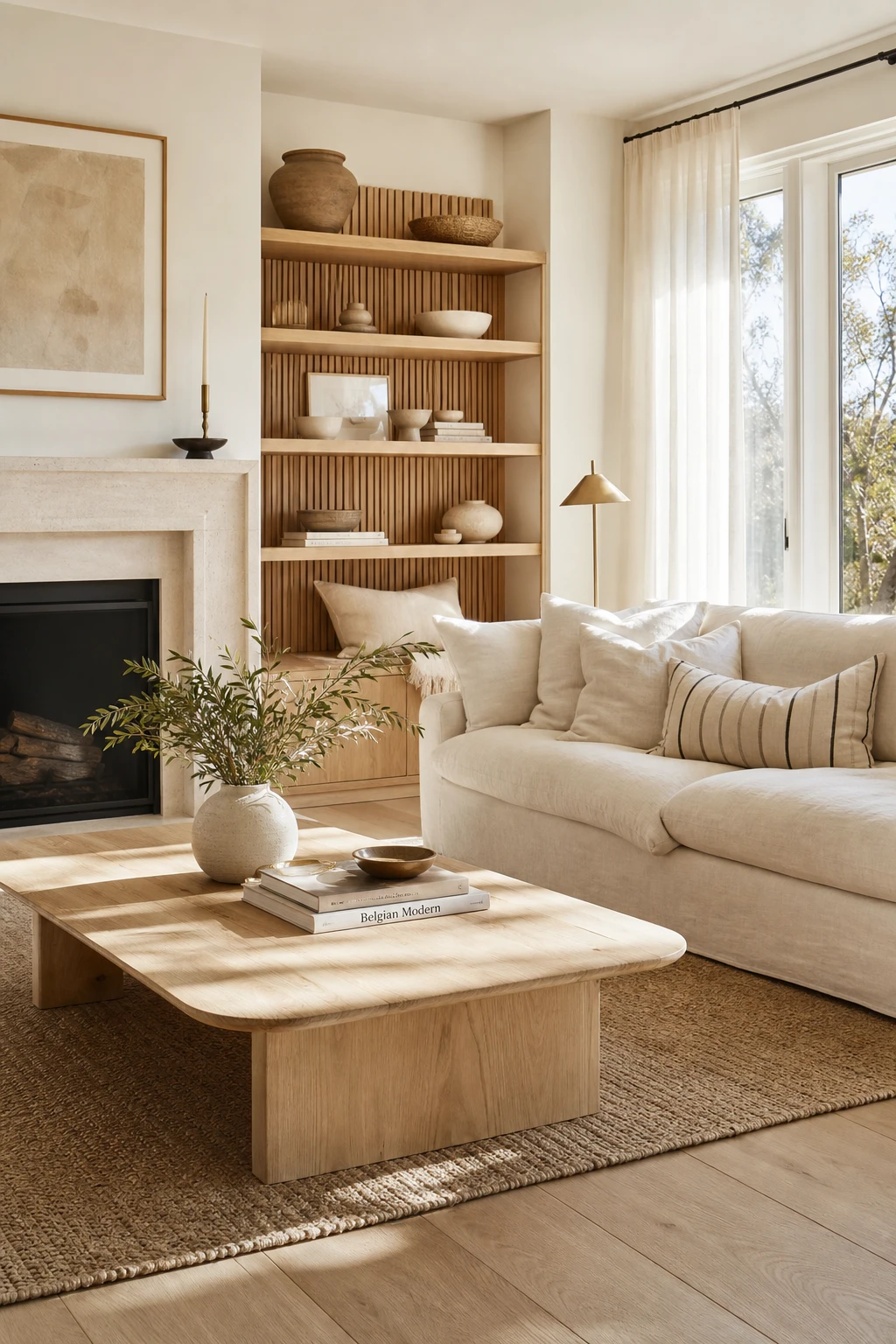 Cozy white living room with light wood accents including a pale oak coffee table, slatted shelving, and driftwood floor in warm afternoon light