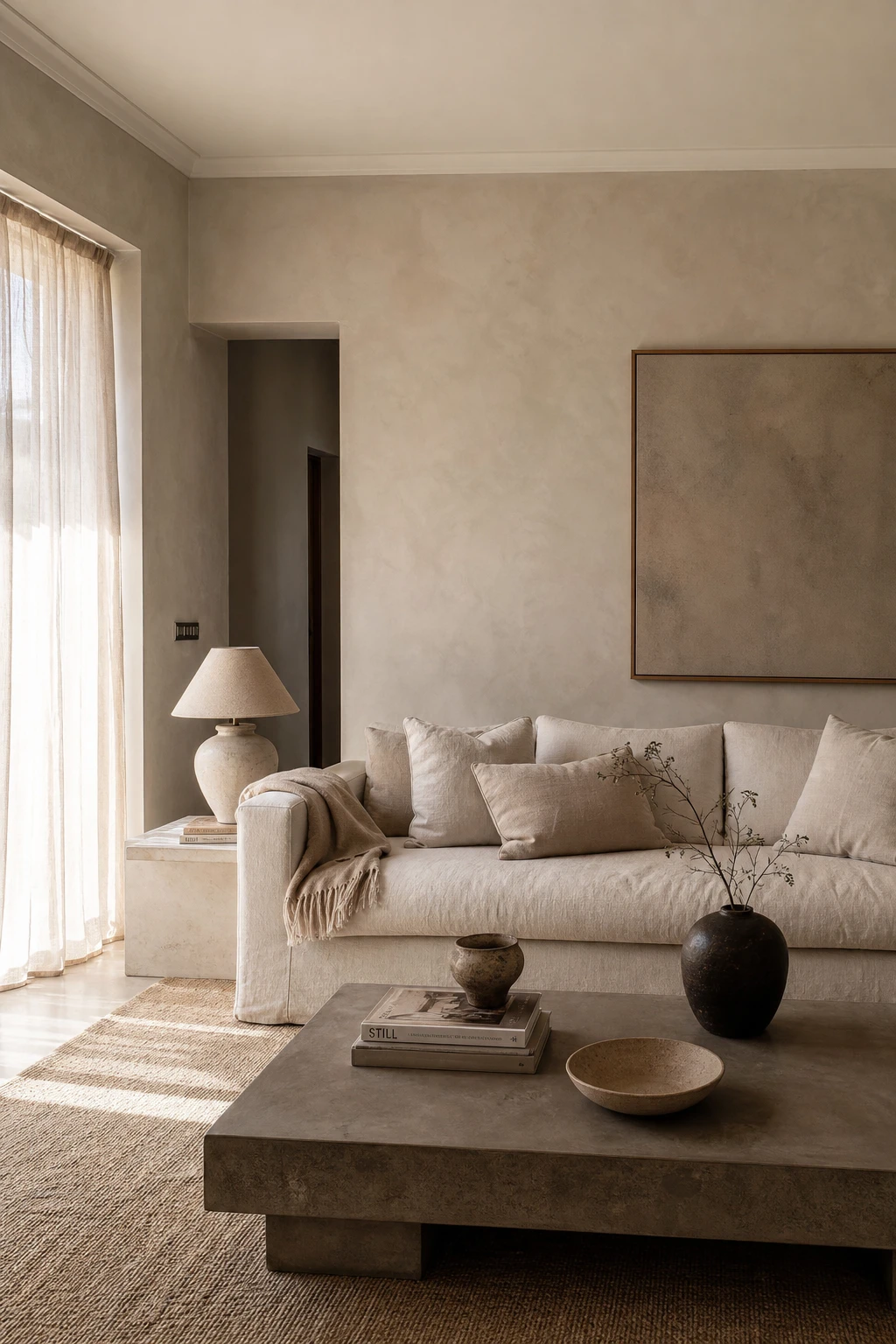 Cozy white living room with microcement finish walls, linen sofa, concrete coffee table, sheer curtains, and warm afternoon light creating soft tactile depth