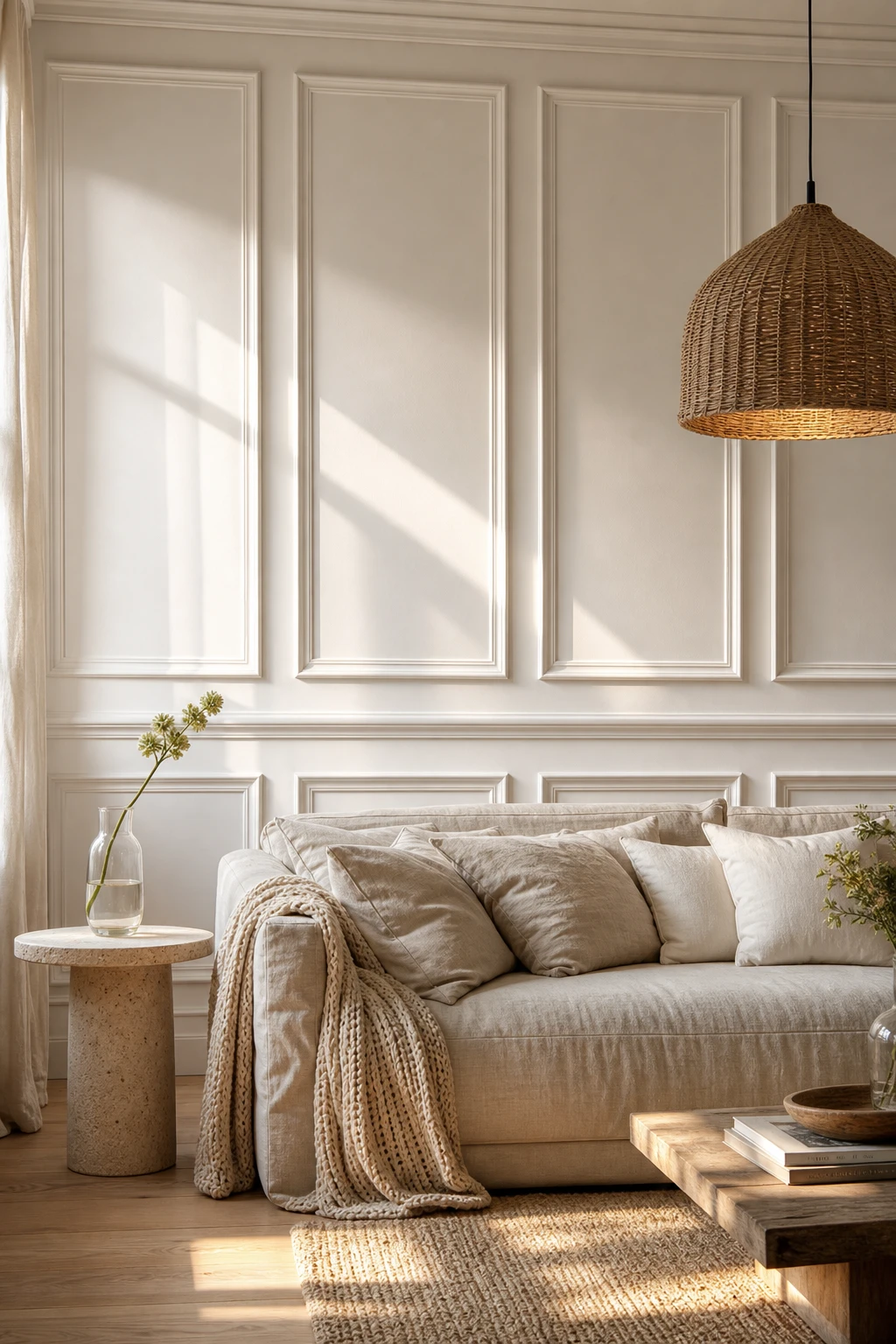 Cozy white living room with painted wall panelling as the hero feature, soft warm white tones, linen sofa, and natural afternoon light