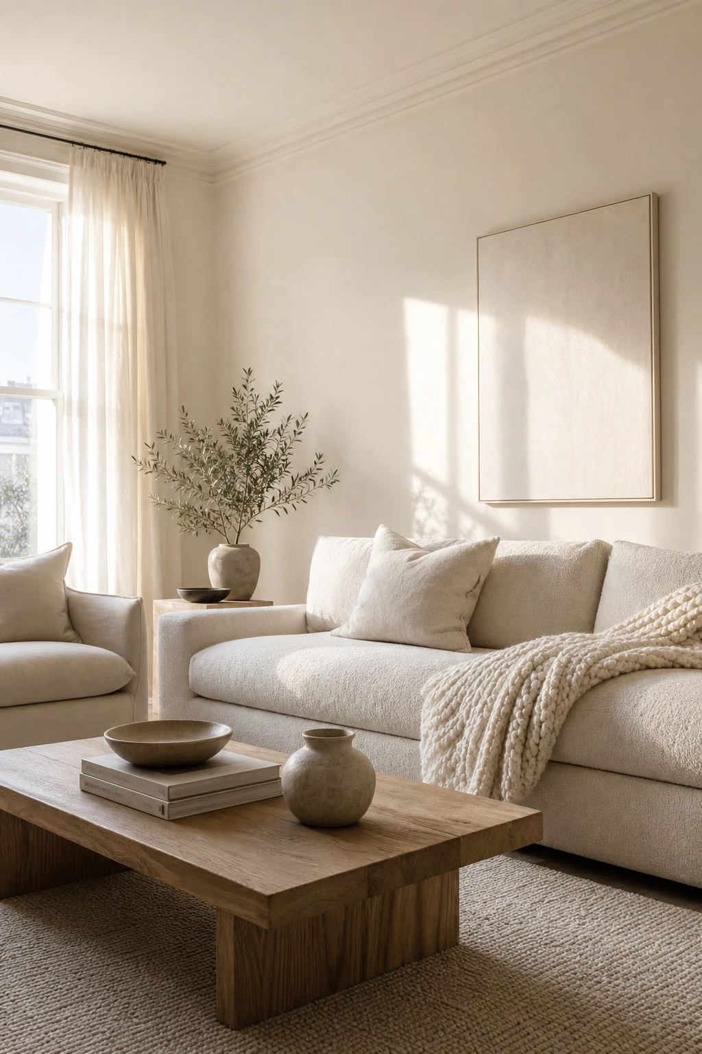 Cozy white living room with pure white walls in Farrow and Ball Pointing paint, plush sofa, linen curtains, and warm afternoon light