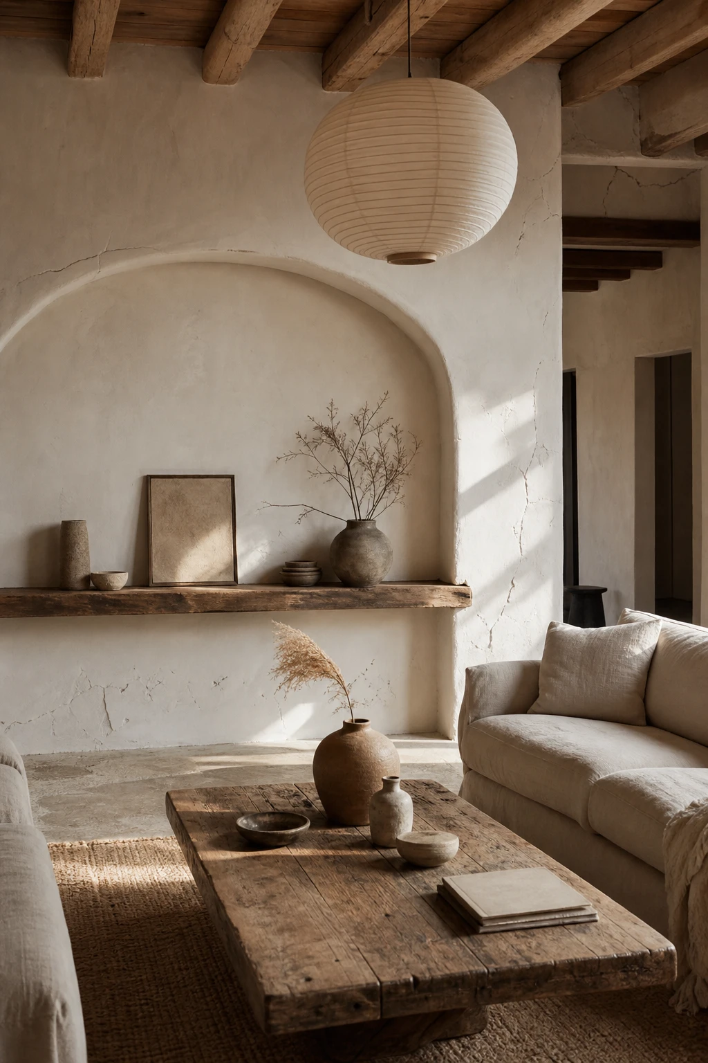 Cozy white living room with wabi sabi imperfection as the hero, raw plaster walls, aged driftwood shelf, linen sofa, and handthrown ceramic vessels in warm morning light