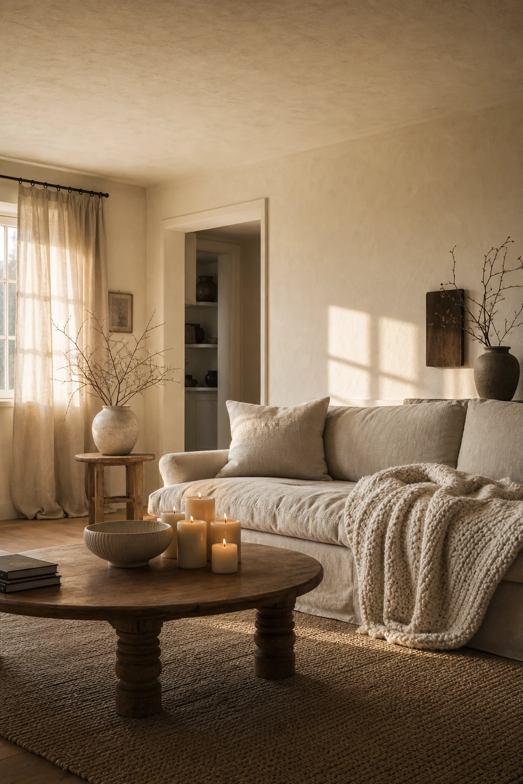 Cozy white living room with warm white walls painted Farrow and Ball Clunch, featuring a linen sofa, knitted throws, wooden coffee table and soft candlelight