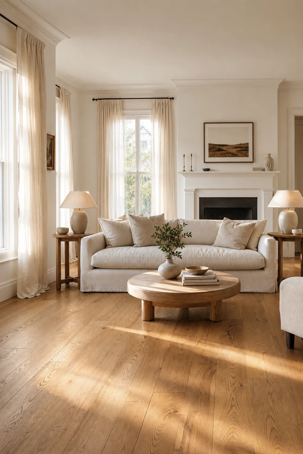 Cozy white living room with wide plank oak floors as the hero, linen sofa, sheer curtains, and Farrow & Ball School House White walls in warm afternoon light