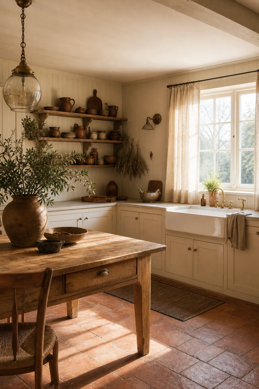 Cream and terracotta farmhouse kitchen with handmade terracotta floor tiles, shaker cabinets, open shelving, and warm natural light flooding through a large window