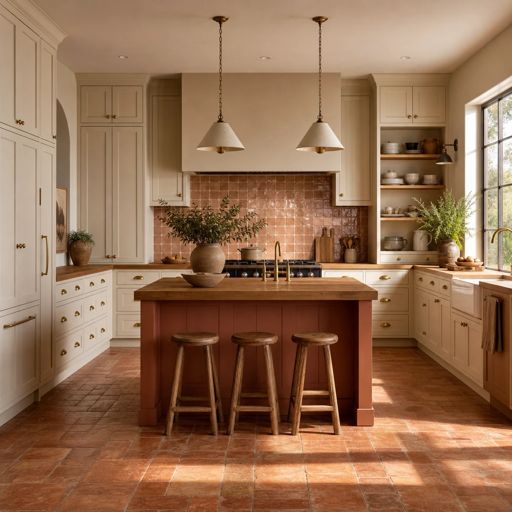 Cream and terracotta kitchen with handmade terracotta floor tiles, cream shaker cabinets, brass cup handles, a zellige backsplash, and a terracotta painted island in warm afternoon light.