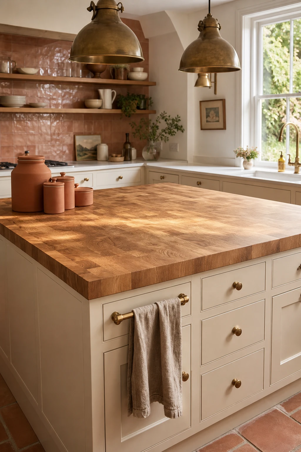 Cream and terracotta kitchen with a butcher block island as the hero, warm wood grain countertop, terracotta tile backsplash, cream cabinetry and pendant lighting