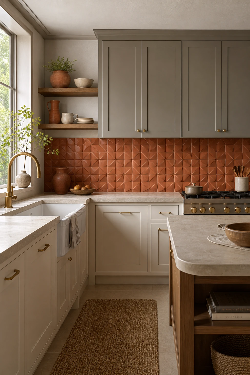 Cream and terracotta kitchen with a mid century backsplash of angled terracotta tiles, cream shaker cabinets, and Farrow & Ball Dimpse painted uppers