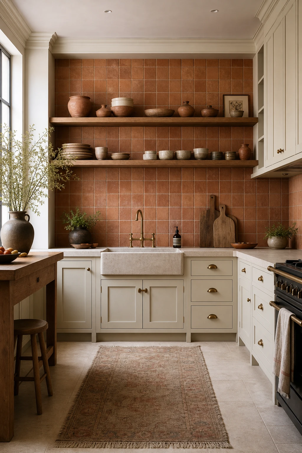Cream and terracotta kitchen with a square tile grid backsplash hero, cream cabinetry, open shelving, terracotta accents, and warm natural light