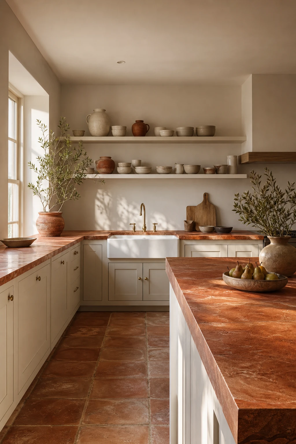Cream and terracotta kitchen with a terracotta stone countertop as the hero surface, warm afternoon light, Farrow and Ball Cornforth White walls