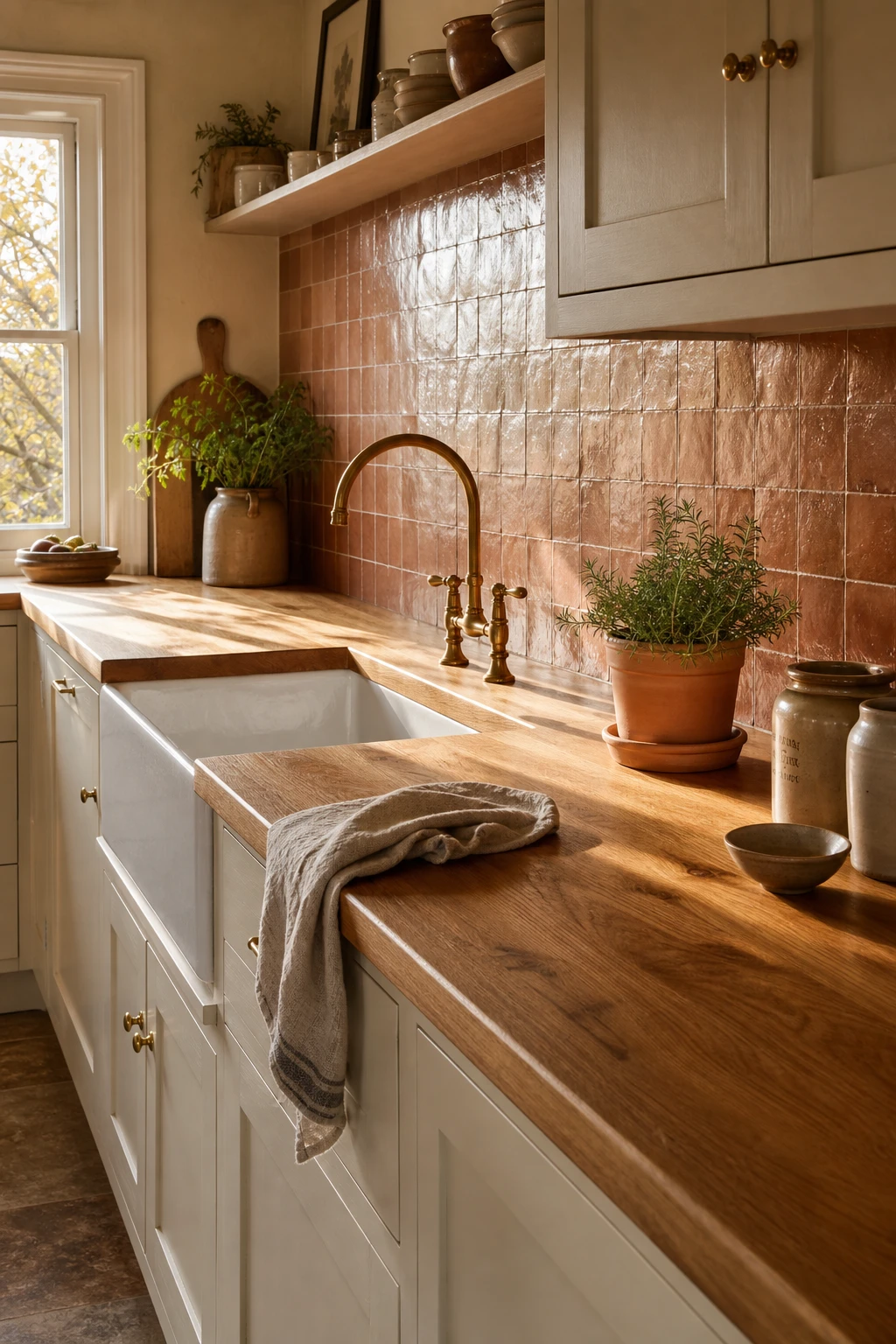 Cream and terracotta kitchen with a thick butcher block wooden worktop as the hero, terracotta tiled splashback, cream shaker cabinets, and warm afternoon light
