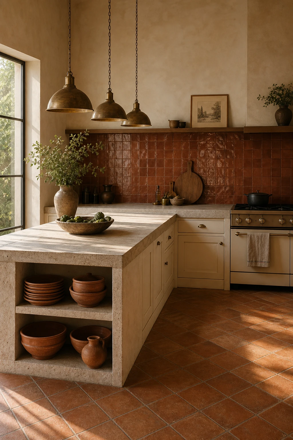 Cream and terracotta kitchen with an L shape peninsula layout, warm Double Cream cabinetry, terracotta tile floor, and natural light from a side window