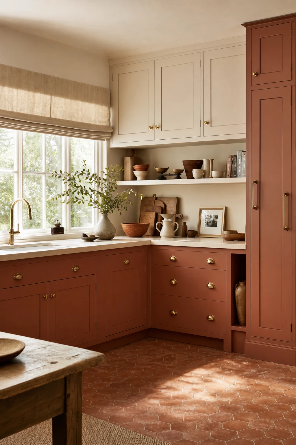 Cream and terracotta kitchen with bold terracotta painted cabinets as hero, cream upper cabinets, brass hardware, terracotta tile floor, and warm natural light