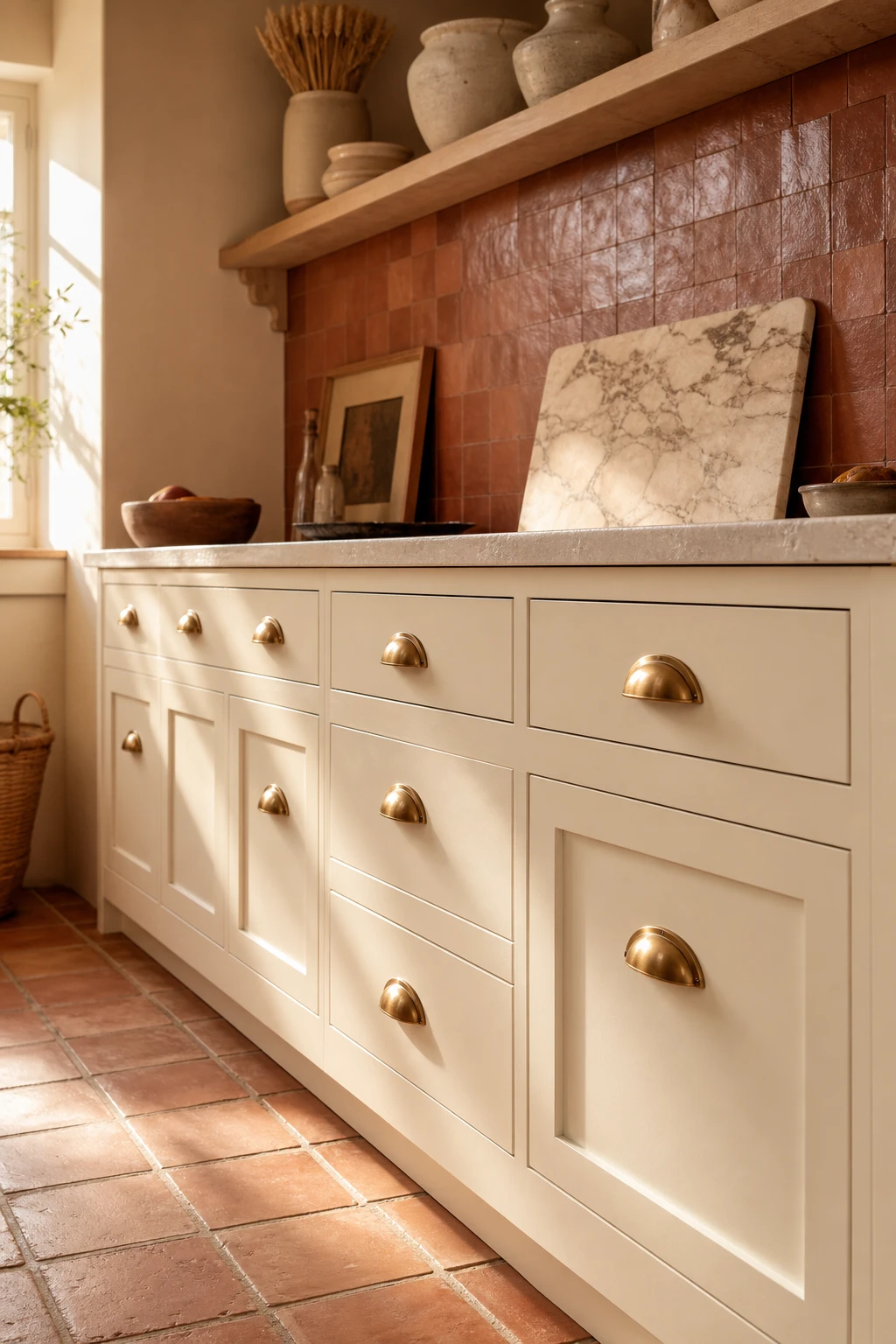 Cream and terracotta kitchen with brushed brass cup handles as hero detail on cream shaker cabinets, terracotta tiles, and warm afternoon light