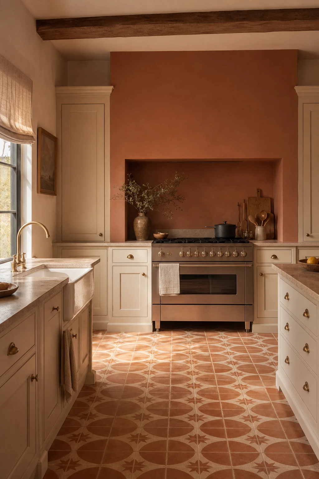 Cream and terracotta kitchen with Farrow and Ball Menagerie paint on a focal wall, clay floor tiles, cream cabinetry and warm afternoon light