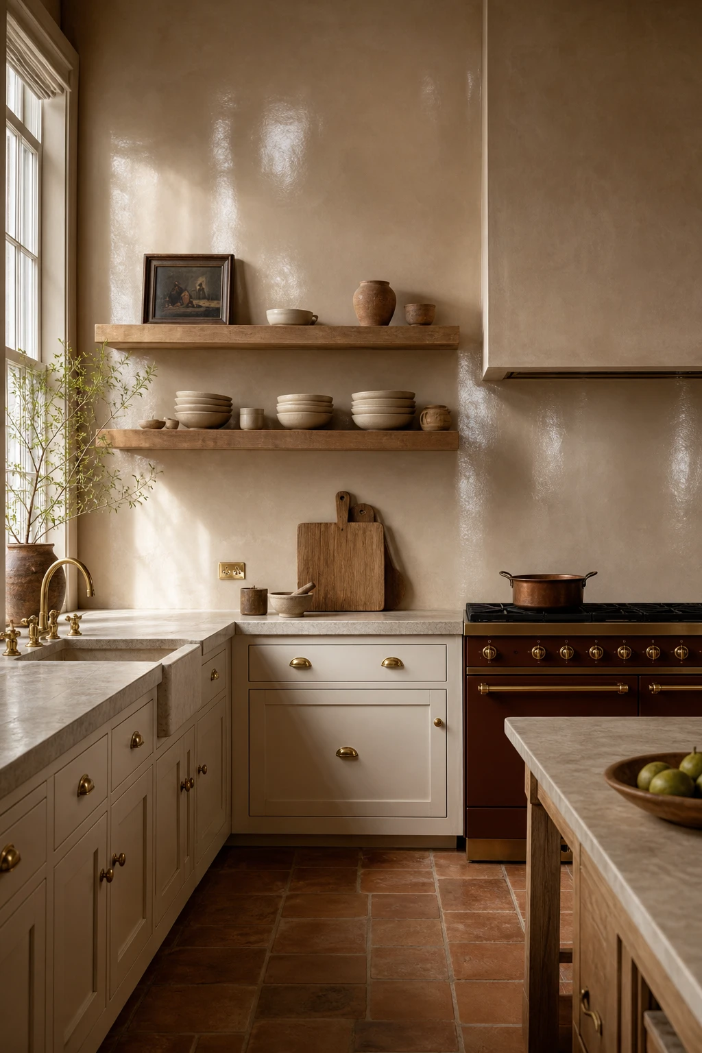 Cream and terracotta kitchen with glazed wall finish hero, warm lustre walls in Farrow and Ball Cord paint, handmade ceramic tiles, timber shelving and earthy accents