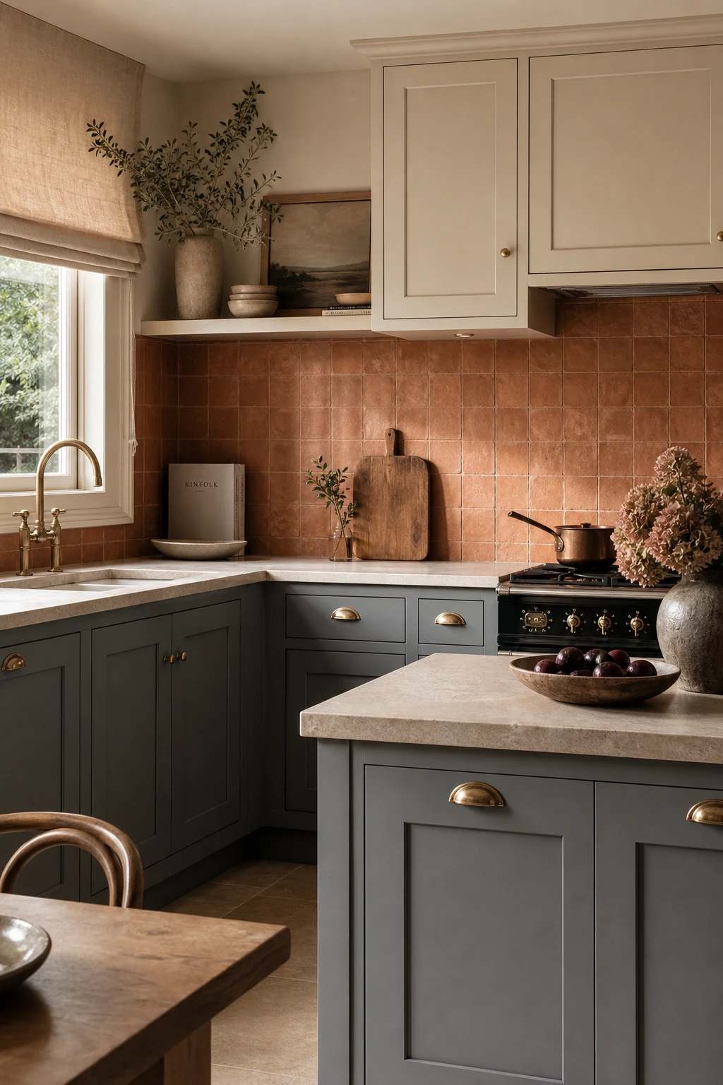 Cream and terracotta kitchen with grey cabinetry accents, warm clay wall tiles, brass hardware, and linen Roman blinds in soft natural light