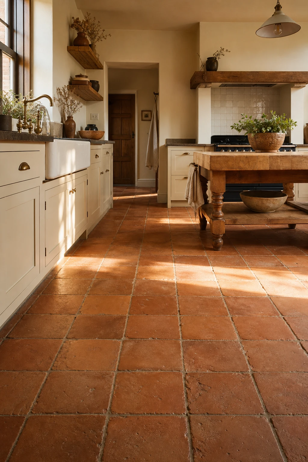 Cream and terracotta kitchen with handmade terracotta floor tiles as the hero, cream cabinetry, brass fittings, warm afternoon light streaming through a window