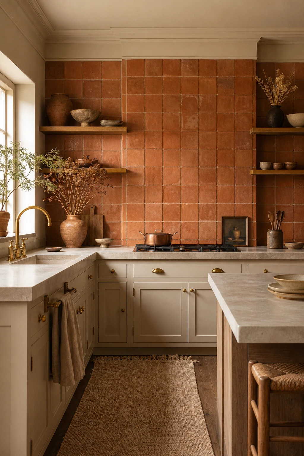 Cream and terracotta kitchen with handmade terracotta tile backsplash as hero, cream shaker cabinets, brass fixtures, and warm morning light