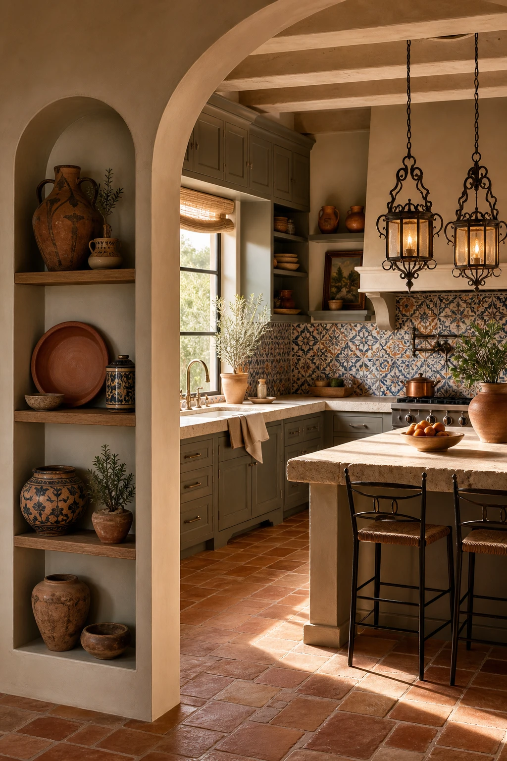 Cream and terracotta kitchen with Mediterranean style hero, arched alcove, hand painted tiles, terracotta floor tiles, wrought iron pendant lights and warm neutral walls
