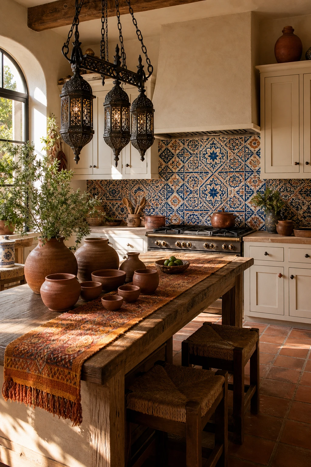 Cream and terracotta kitchen with Mexican inspired details, hand painted Talavera tiles, woven textiles, painted pottery and Farrow and Ball Dimity walls