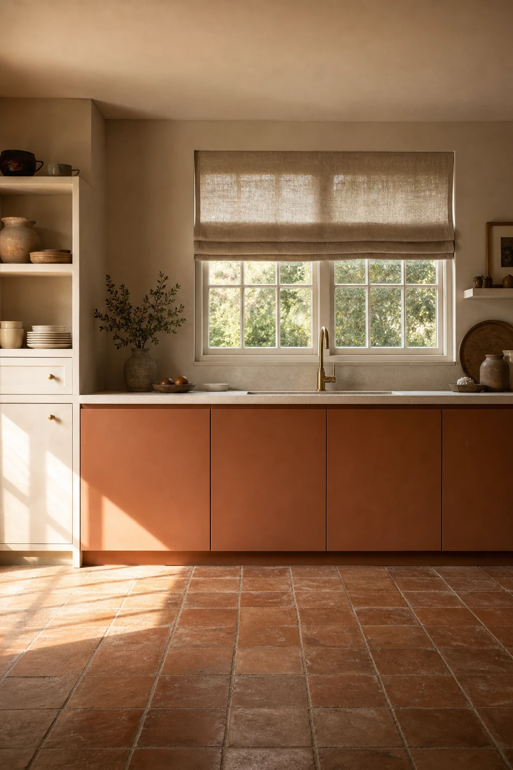 Cream and terracotta kitchen with modern flat front cabinetry over handmade terracotta floor tiles, warm afternoon light, Farrow and Ball Skimming Stone walls