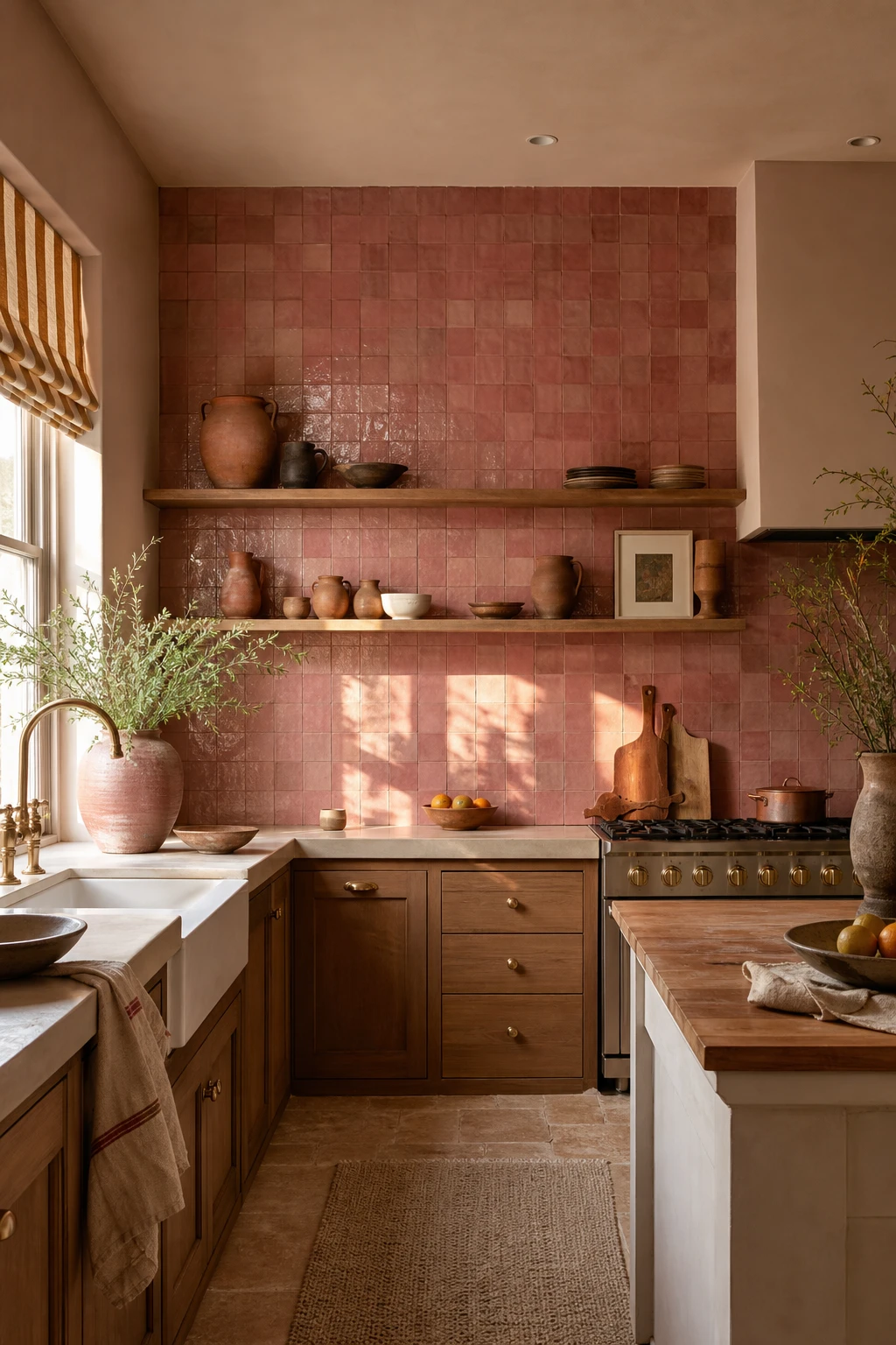 Cream and terracotta kitchen with pink zellige tile backsplash as hero, handmade clay surfaces, warm afternoon light, Setting Plaster painted walls