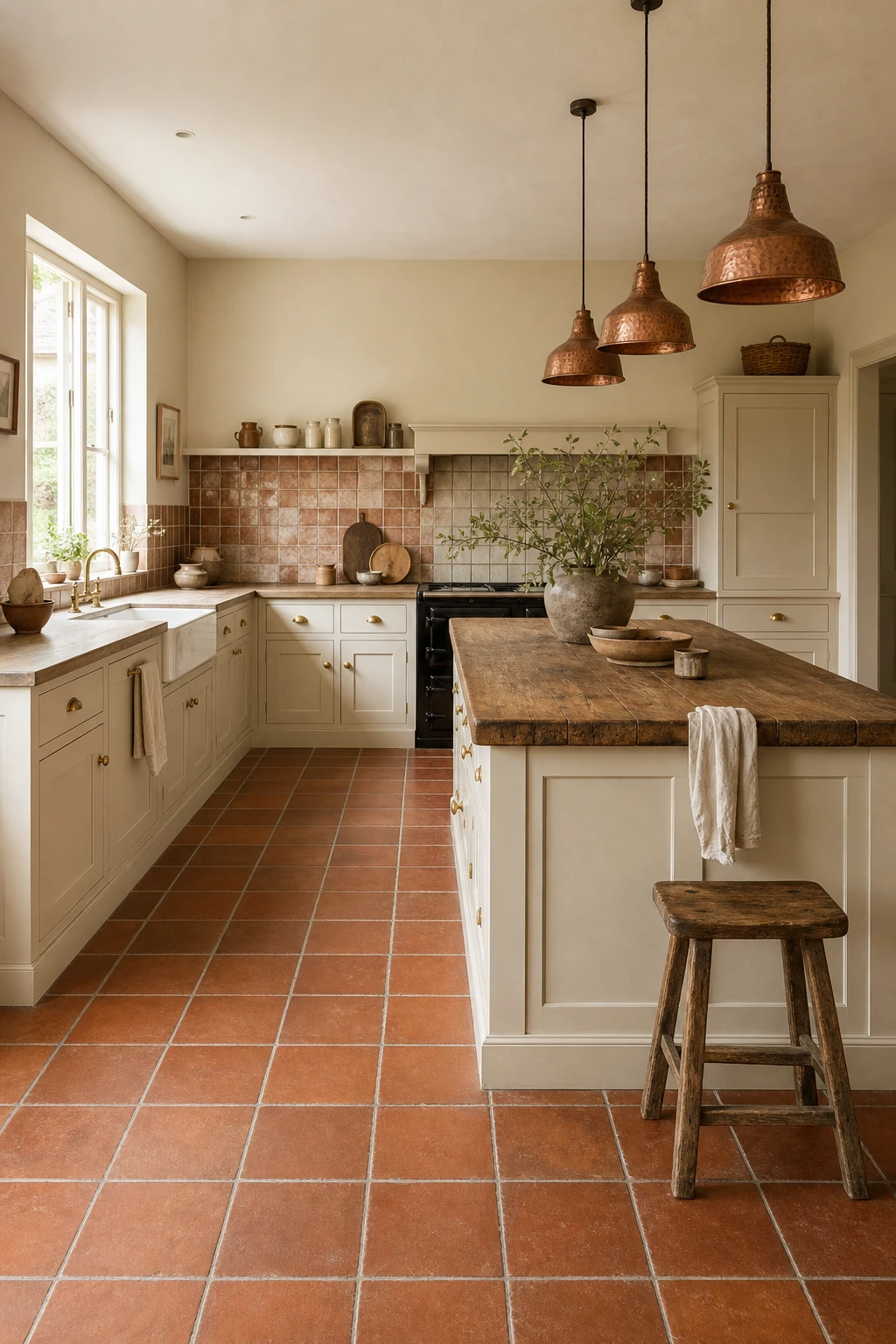 Cream and terracotta kitchen with quarry tile floor as hero, handmade ceramic backsplash, cream cabinetry, copper pendant lights, and warm natural morning light