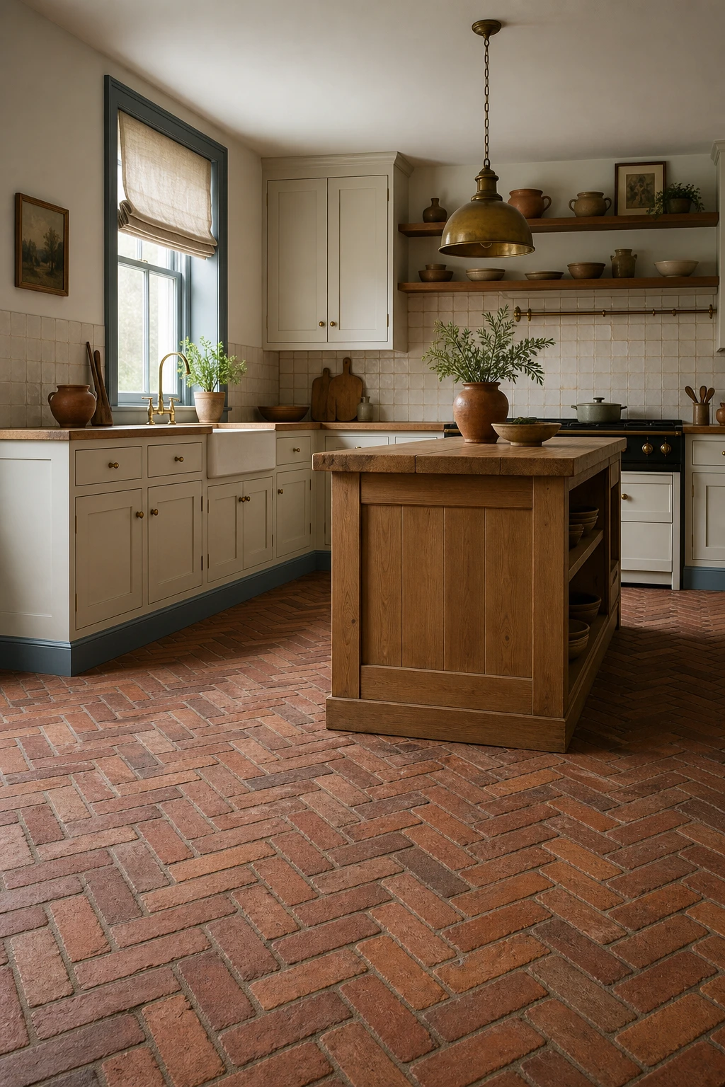 Cream and terracotta kitchen with red brick herringbone floor as hero, cream cabinetry, open shelving, and Farrow and Ball Blue Gray painted trim
