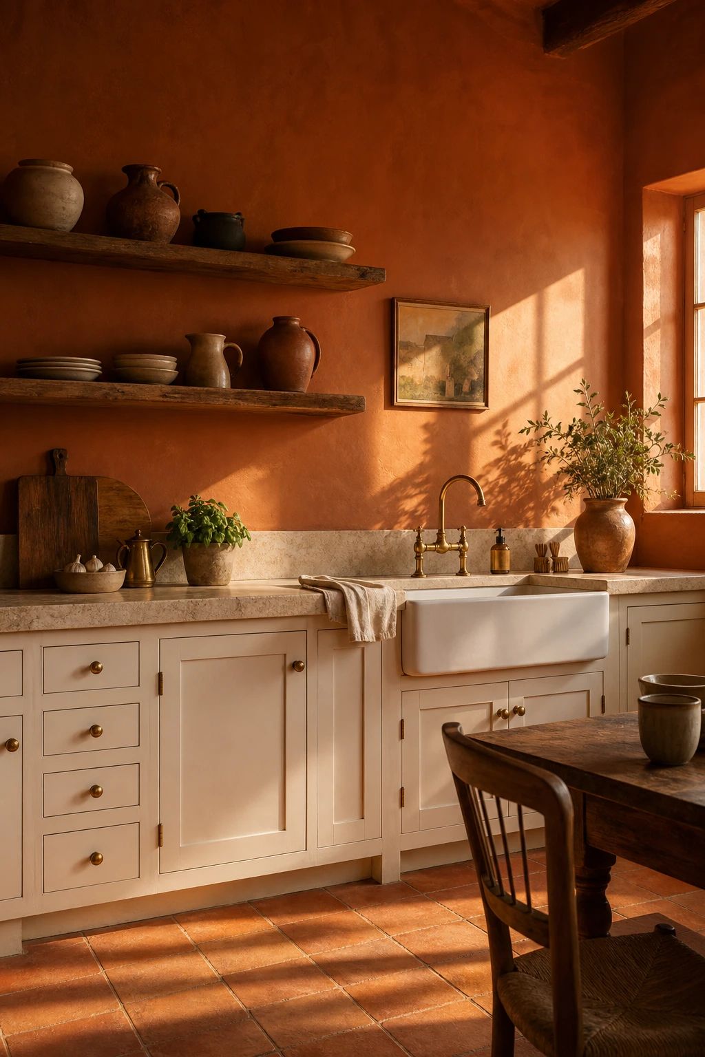 Cream and terracotta kitchen with rich terracotta painted walls, cream cabinetry, natural stone countertops, and warm afternoon light filling the room