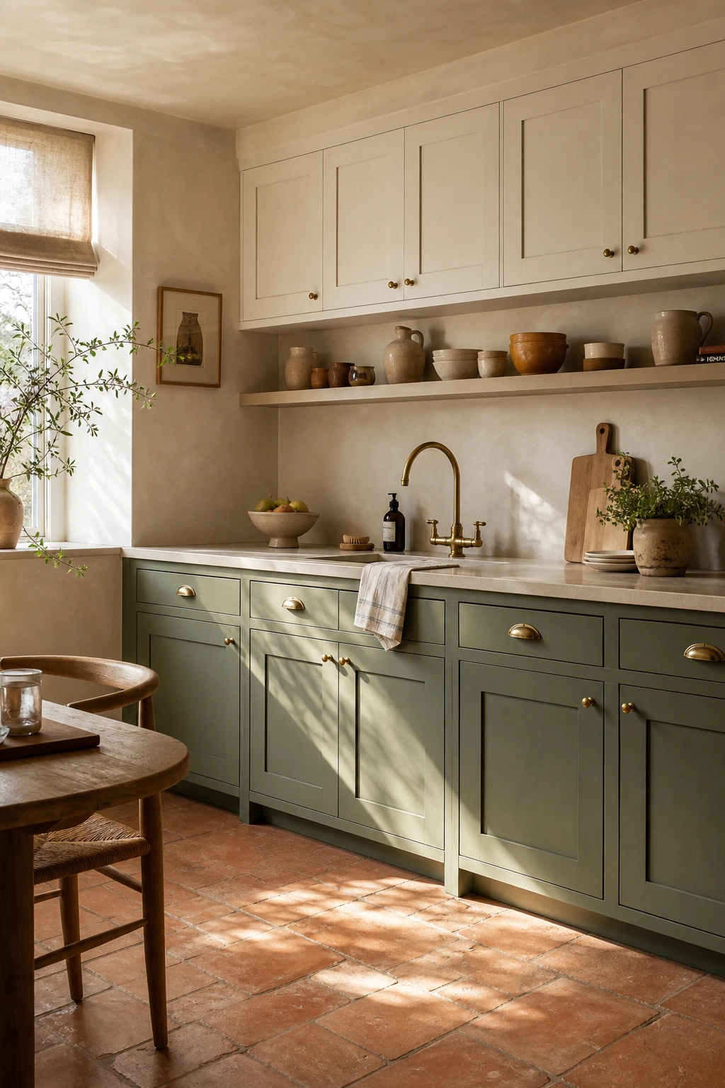 Cream and terracotta kitchen with sage green lower cabinets on a terracotta tile floor, cream upper cabinets, brass hardware, and warm morning light