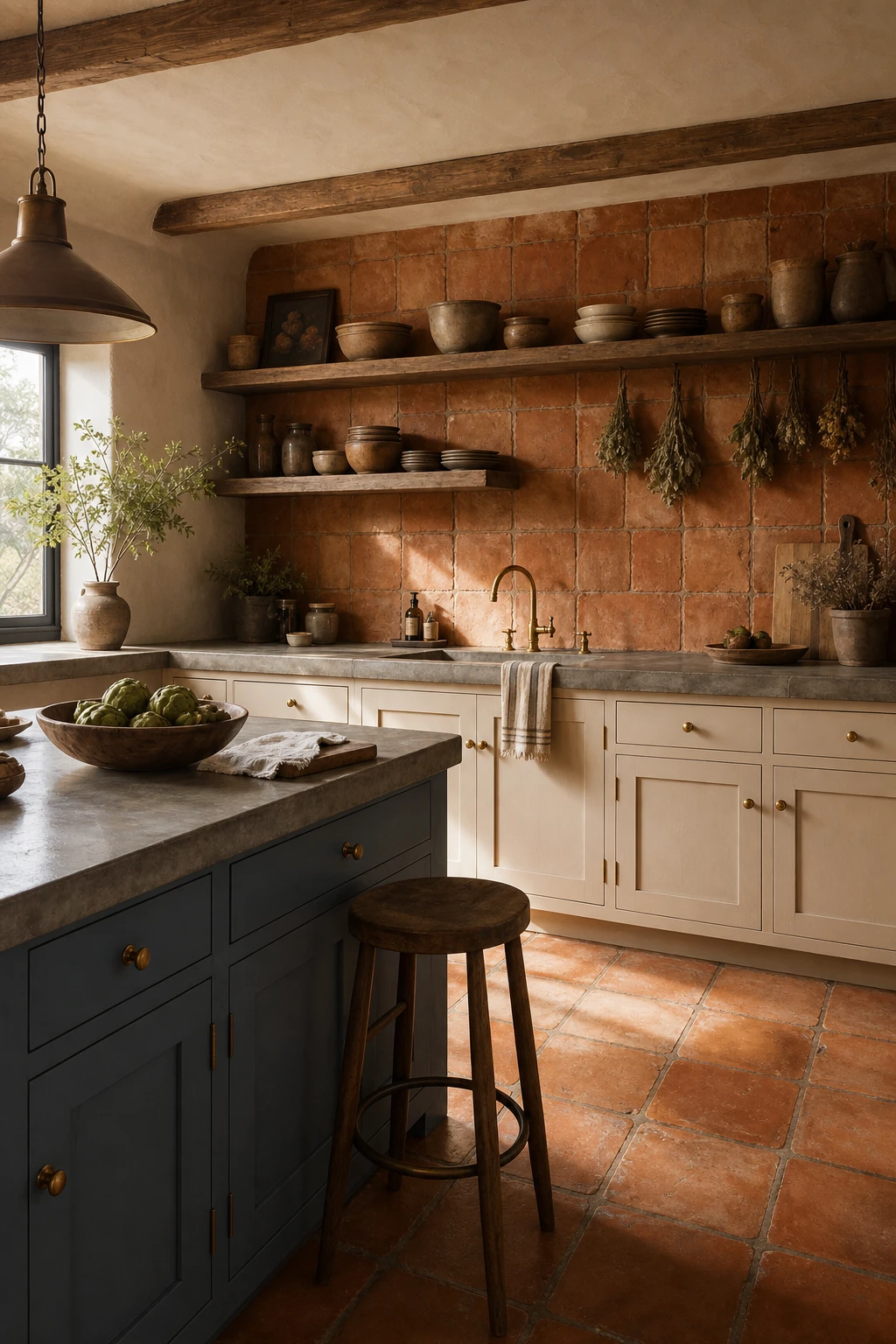 Cream and terracotta kitchen with Saltillo tile backsplash hero, cream cabinetry, open shelving, clay pots, and warm morning light