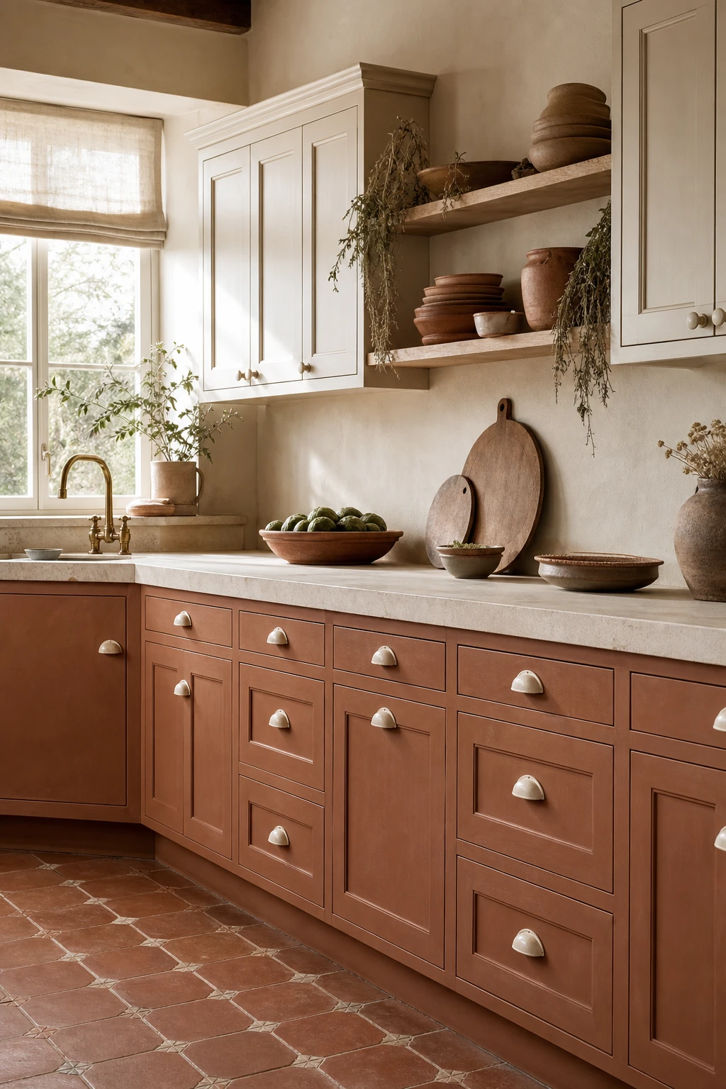Cream and terracotta kitchen with two tone cabinets, upper cabinets in warm cream and lower cabinets in deep terracotta, natural morning light, handmade ceramic hardware