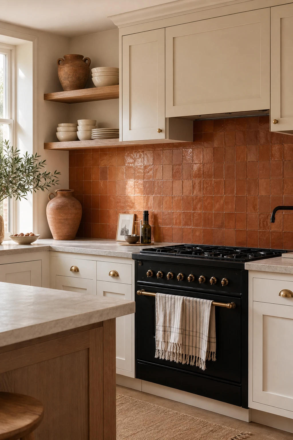 Cream and terracotta kitchen with white shaker cabinets framing a handmade terracotta tile backsplash, warm afternoon light, Farrow and Ball Archive painted uppers