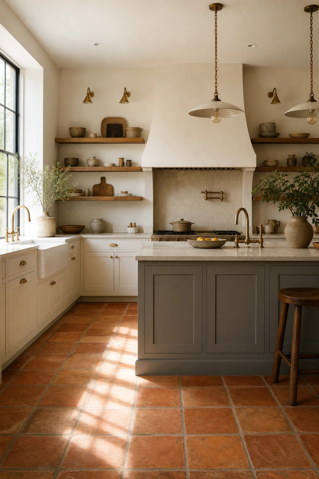 Cream and terracotta kitchen with white shaker cabinets over warm terracotta tile floor, island with Charleston Gray paint, natural light, handmade tiles, brass hardware