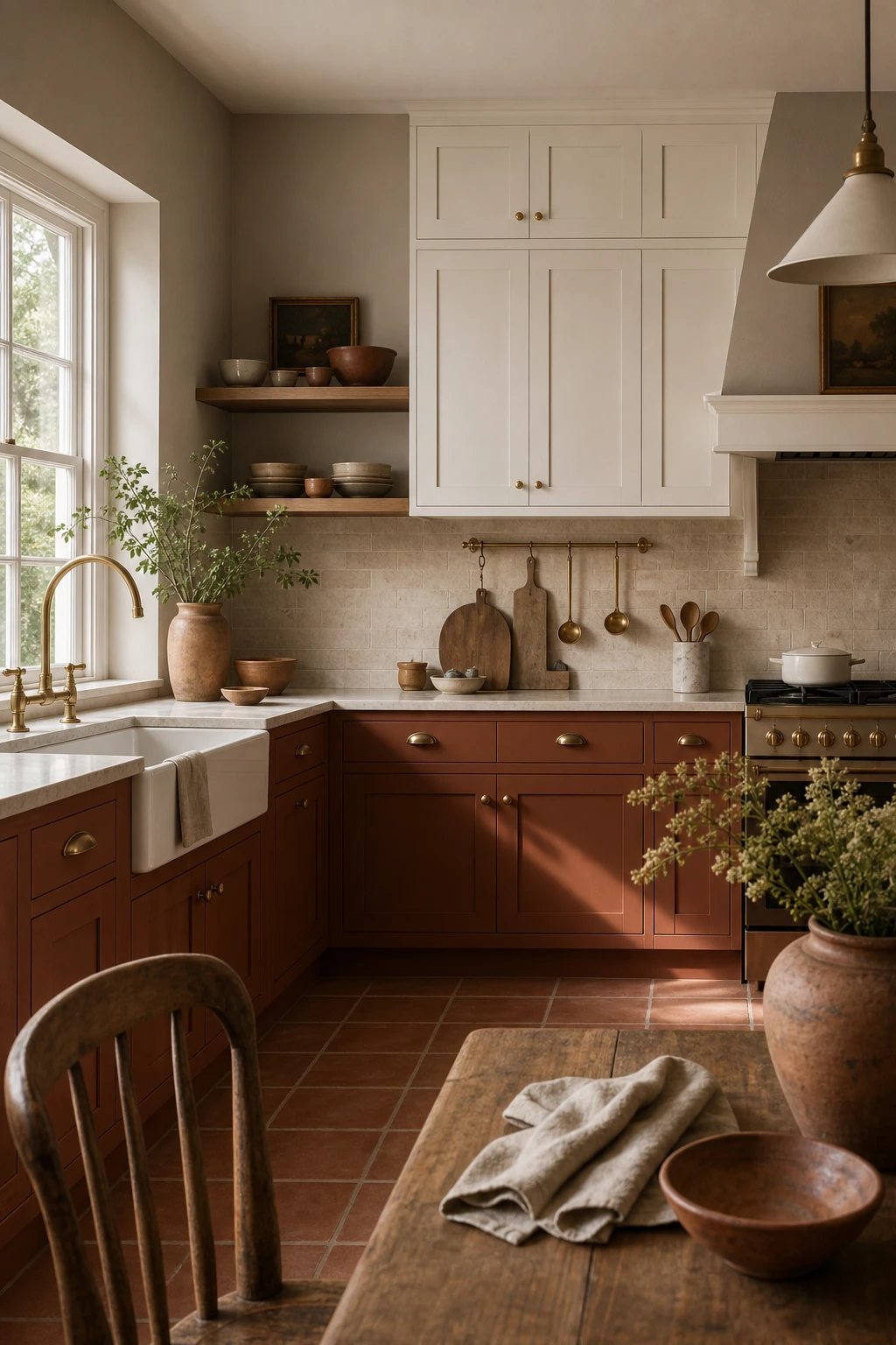Cream and terracotta kitchen with white upper cabinets, terracotta lower cabinets, Farrow and Ball Cats Paw walls, and warm natural light