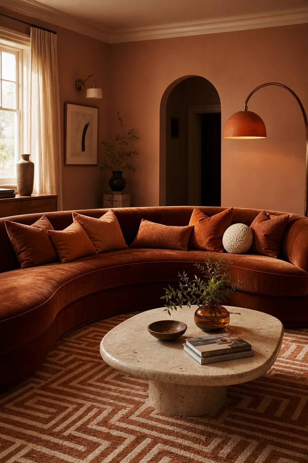 Curved brown sofa as hero in a warm brown and orange living room with earthy tones, textured rug, and Farrow Ball Duster painted walls