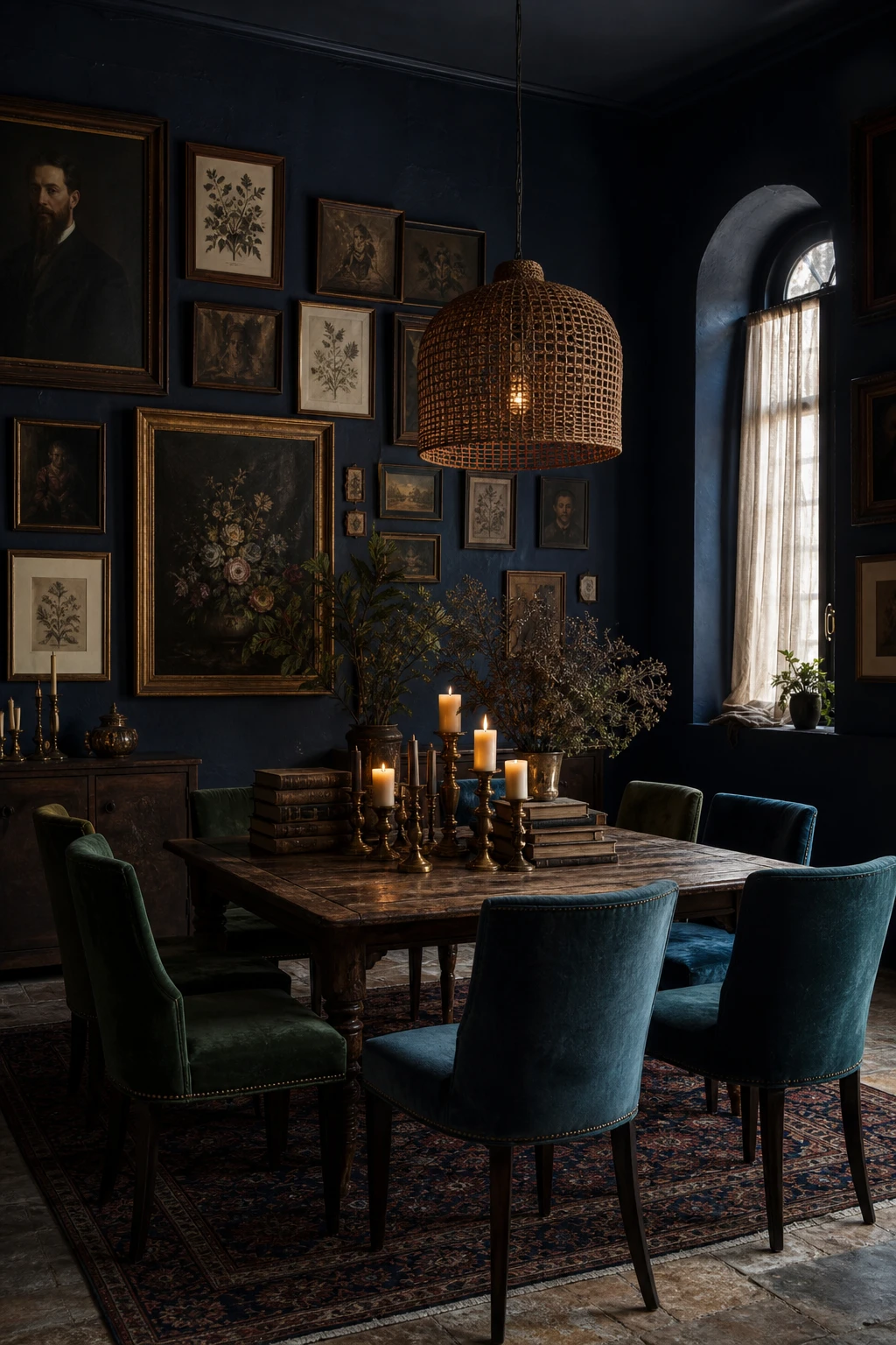 Dark academia blue boho dining room with deep indigo walls, antique dark frames, stacked leather books, and moody candlelight on a worn oak table