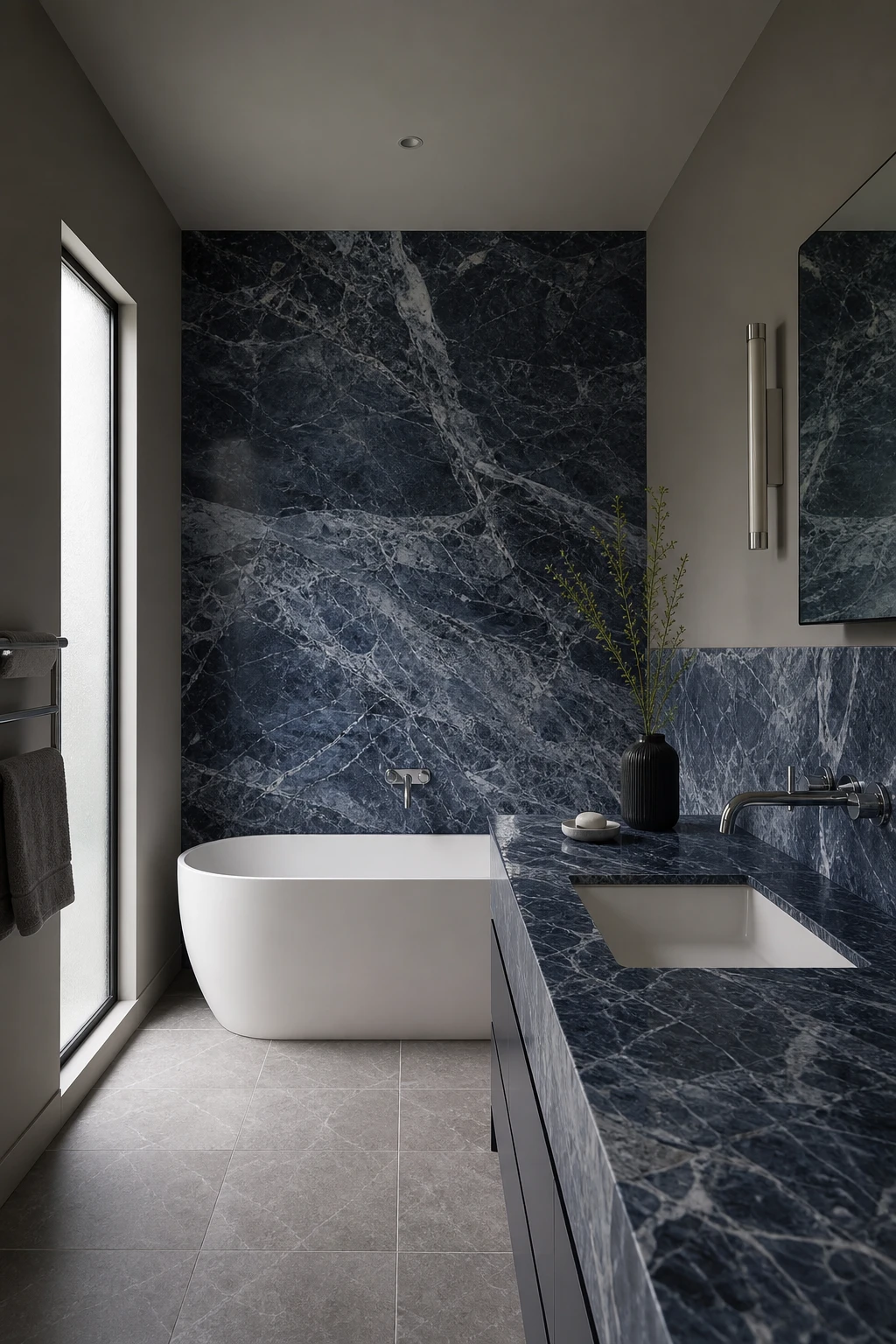 Dark blue and gray bathroom with blue marble surfaces as hero, simple chrome fixtures, freestanding tub, and Farrow and Ball Worsted painted walls in soft morning light