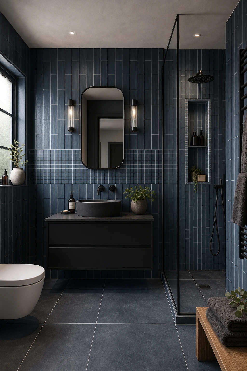 Dark blue and gray bathroom with floor to ceiling blue tiles in varied formats, Farrow and Ball Beetle Black vanity, natural morning light from frosted window