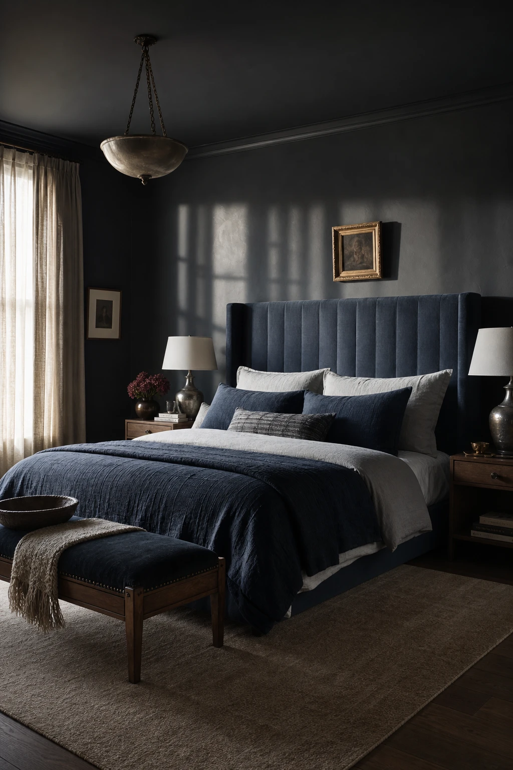 Dark blue and gray bedroom with Down Pipe painted walls, layered linen bedding, tall upholstered headboard, and soft morning light from linen curtains
