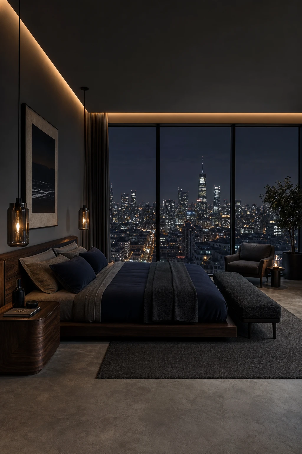 Dark blue and gray bedroom with floor to ceiling windows framing a glittering city view at night, Manor House Gray walls, linen bedding, and warm bedside lighting