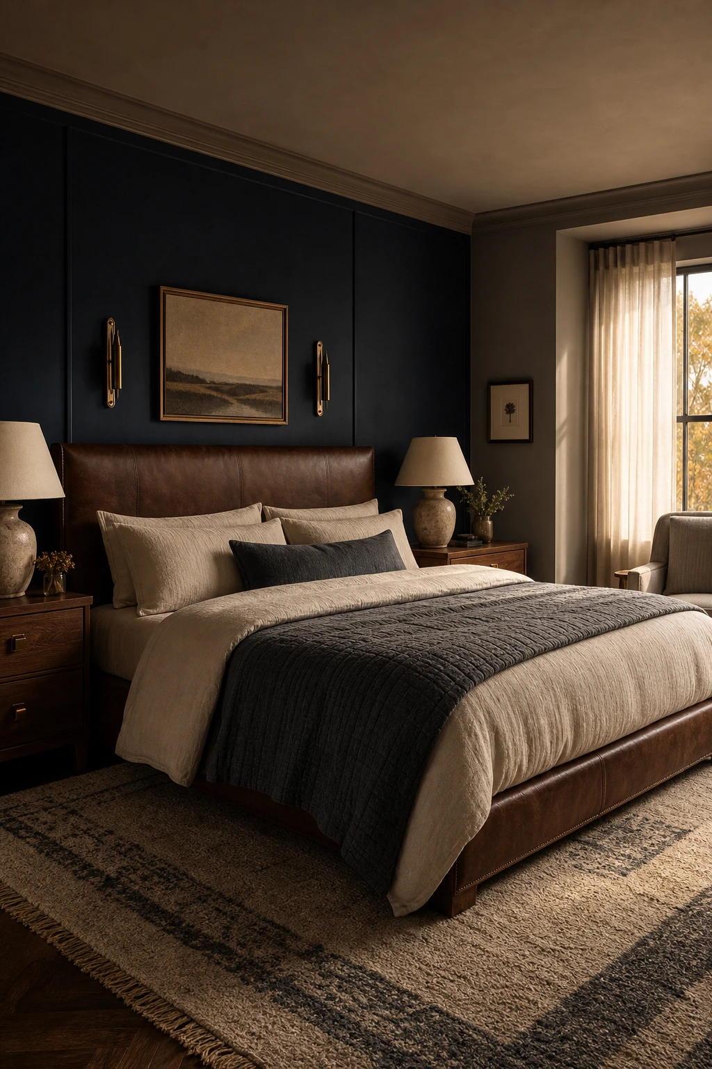 Dark blue and gray bedroom with navy walls, brown leather headboard, warm wood nightstands, and linen bedding in a cozy layered composition