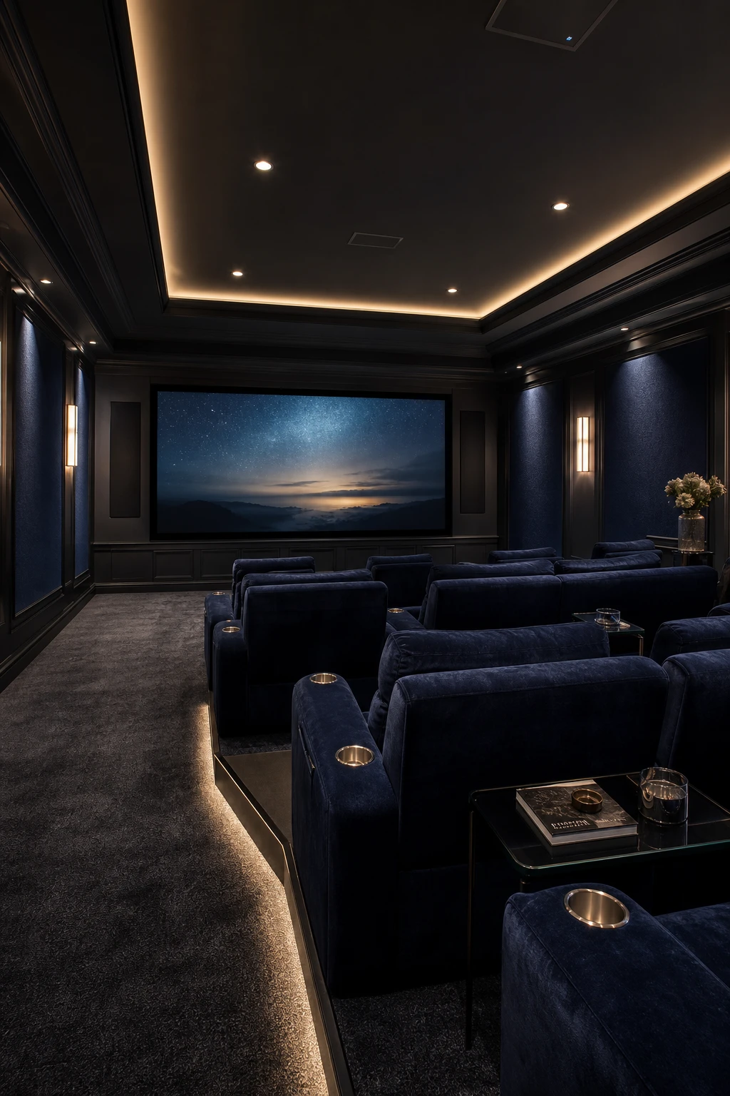 Dark blue and gray home theater with navy walls, tiered velvet seating, recessed lighting, and Farrow & Ball Railings trim for a cinematic atmosphere