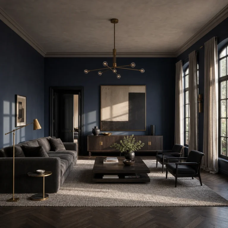 Dark blue and gray living room with navy matte walls, a charcoal velvet sofa, dark wood console, pale gray linen curtains, and a wool rug in warm late afternoon side light.