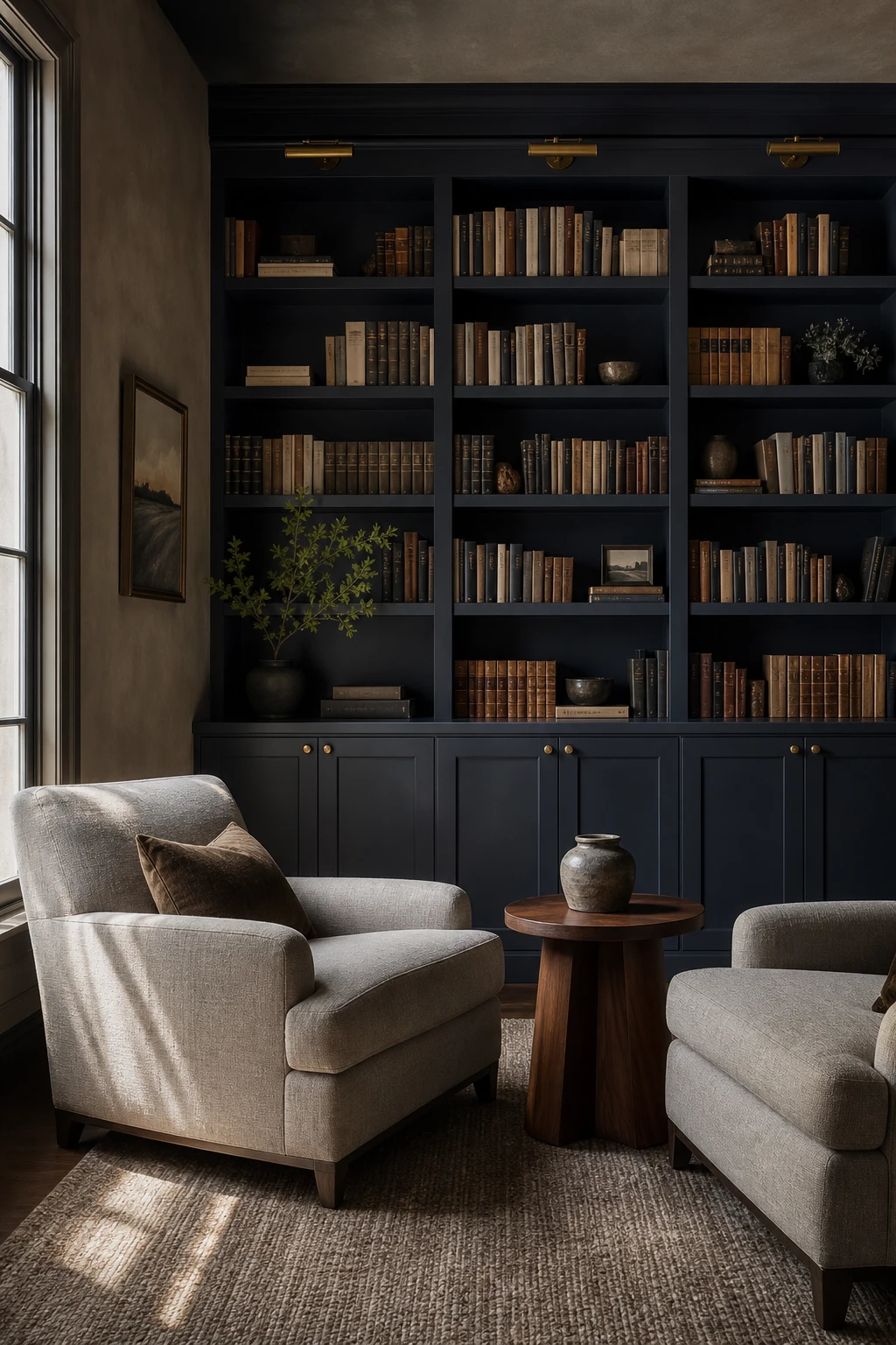 Dark blue and gray interior with a Hague Blue painted bookshelf as the hero, styled with curated books and objects against warm gray walls
