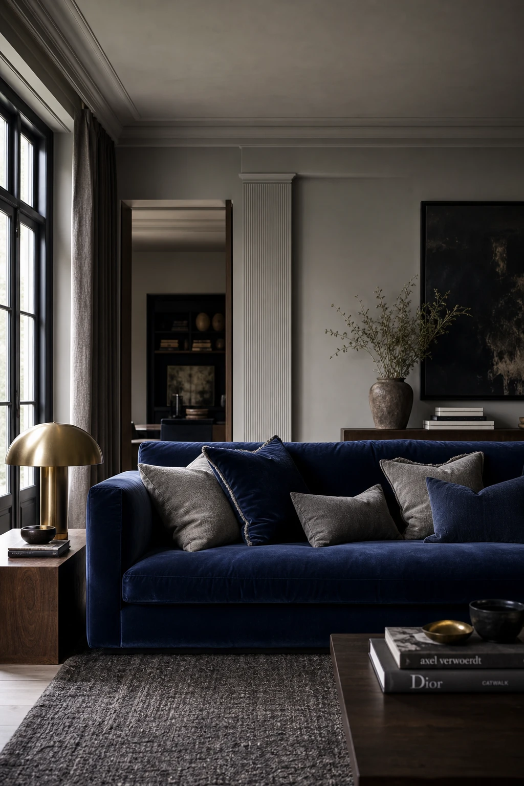 Dark blue and gray living room with a deep velvet blue sofa as the focal point, Purbeck Stone walls, brass accents, and layered gray textiles