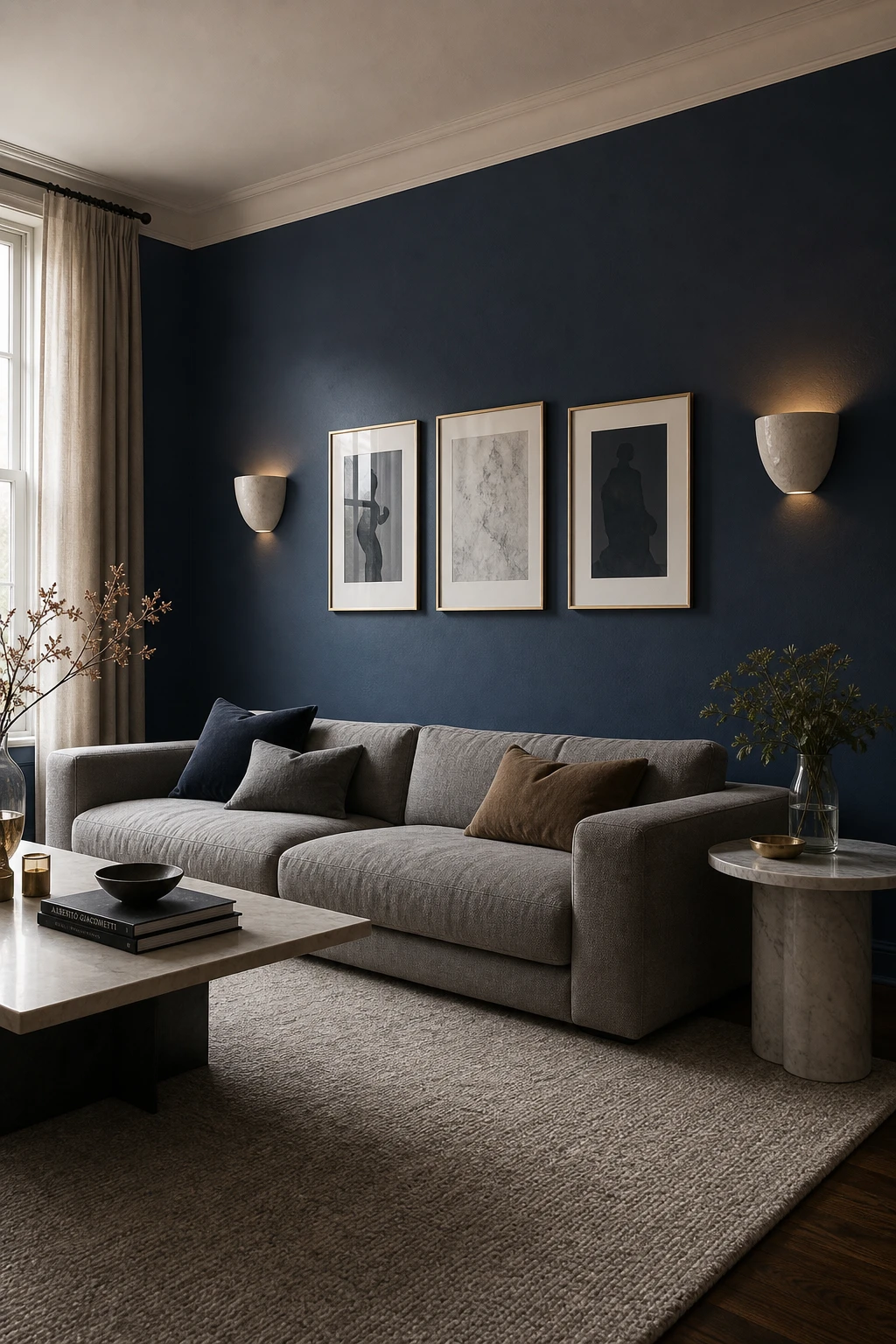 Dark blue and gray living room with a navy Berrington Blue feature wall anchoring a gray sofa, flanked by sconces and framed art
