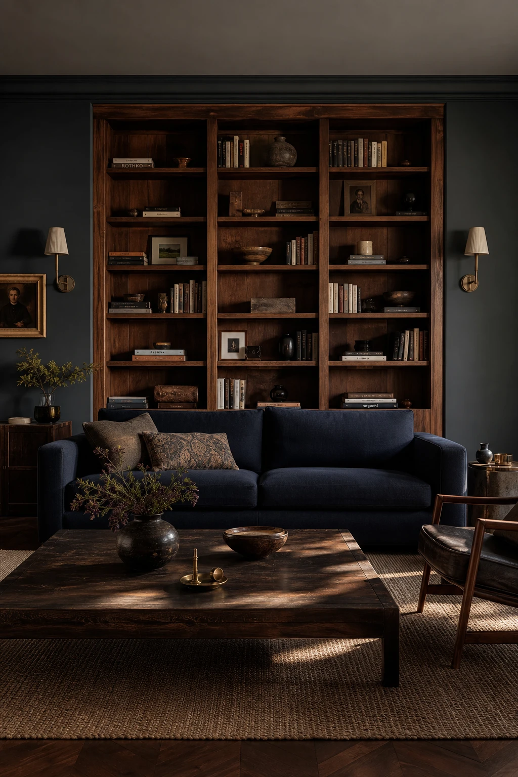 Dark blue and gray living room with dark wood accents, navy upholstery, walnut shelving, and Farrow and Ball Plummett walls in warm natural light