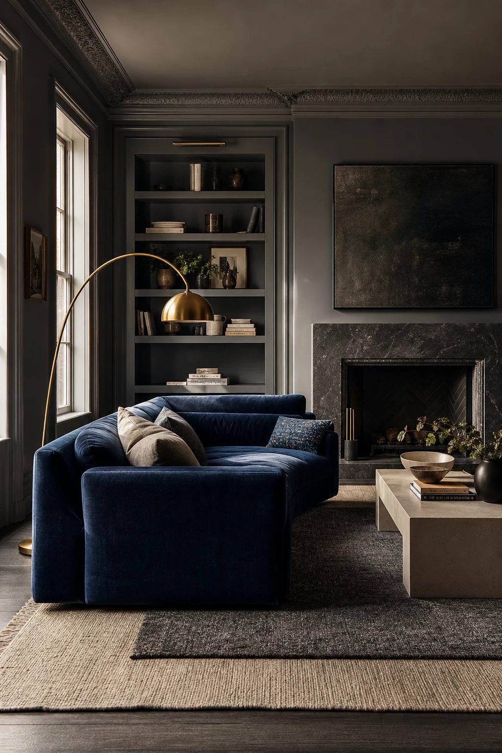 Dark blue and gray living room with navy sofa, charcoal walls painted Pavilion Gray, brass lamp, stone fireplace, and layered wool rugs in warm afternoon light