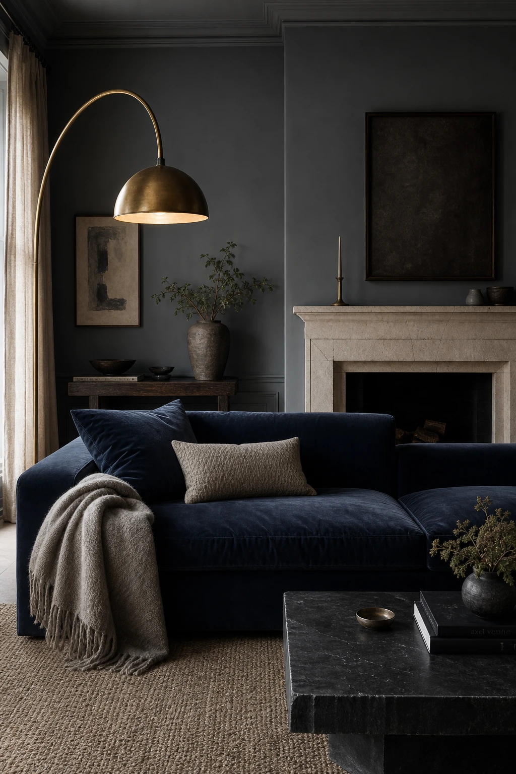 Dark blue and gray living room with navy sofa, charcoal walls painted Pavilion Gray, stone fireplace, brass lighting and layered wool textiles in sophisticated Gray style